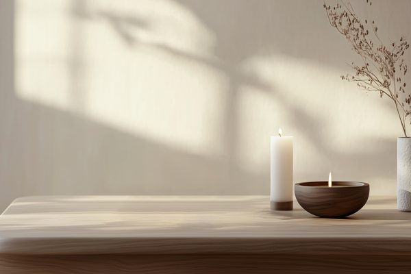 A minimalistic studio tabletop setting featuring objects related to meditation. The scene includes a simple, smooth wooden surface with a small, elegant meditation cushion in a neutral tone placed in the center. Next to it, a single lit candle in a minimalist holder and a small, carefully placed Tibetan singing bowl add to the calm ambiance. The background is plain and uncluttered, with soft, natural lighting casting gentle shadows, creating a serene and peaceful atmosphere. The composition is clean and focused, emphasizing the simplicity and tranquility of the meditation practice. --ar 16:9 --v 6.1 Job ID: 138de4ea-bbbf-4067-84ae-551e90b1f393